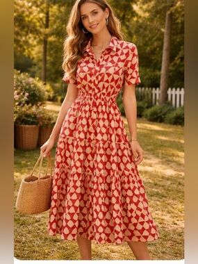 Kaktus Red/ Cream Printed Button-Down Midi Dress with Pockets XL NWOT